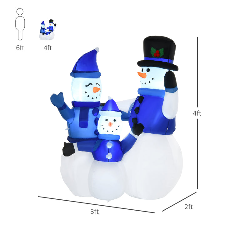 4ft Inflatable Holiday Christmas Decoration w LED Lights Indoor Outdoor - Snowman Family, Blue