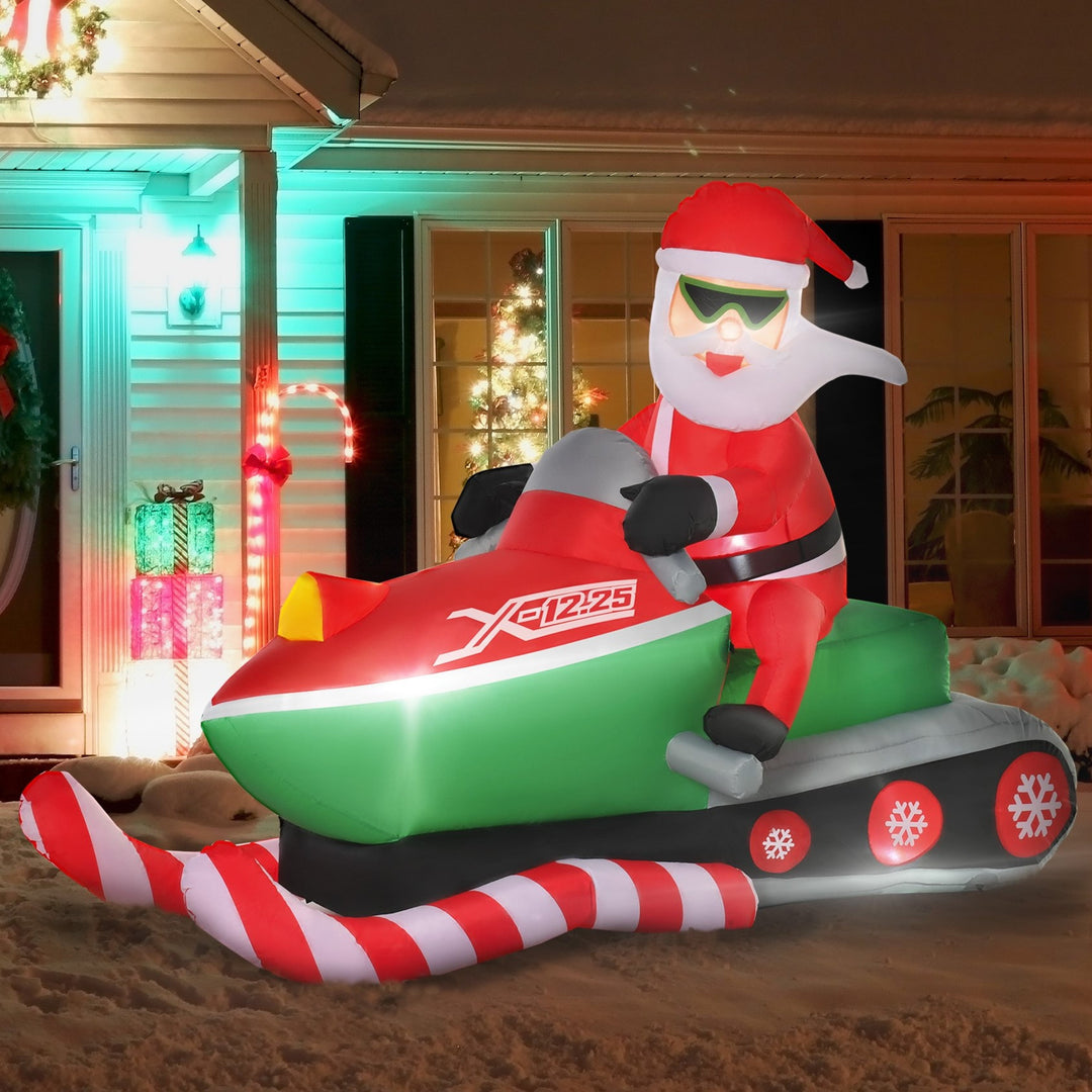 7ft Long Inflatable Holiday Christmas Blow-Up w LED Lights Outdoor, Santa Claus on Snowmobile