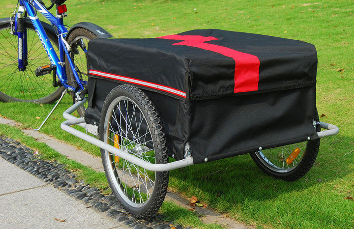 Bicycle Bike Cargo Trailer Cart Carrier Wagon, Foldable w/Cover - Red & Black