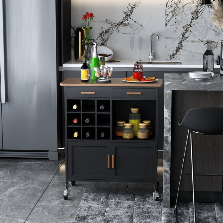 Modern Rolling Kitchen Storage Utility Cart Island w/ Bamboo Top - Black