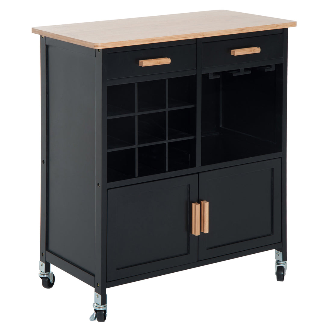 Modern Rolling Kitchen Storage Utility Cart Island w/ Bamboo Top - Black