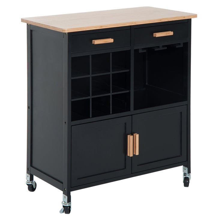 Modern Rolling Kitchen Storage Utility Cart Island w/ Bamboo Top - Black