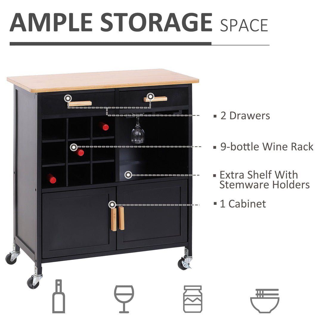 Modern Rolling Kitchen Storage Utility Cart Island w/ Bamboo Top - Black