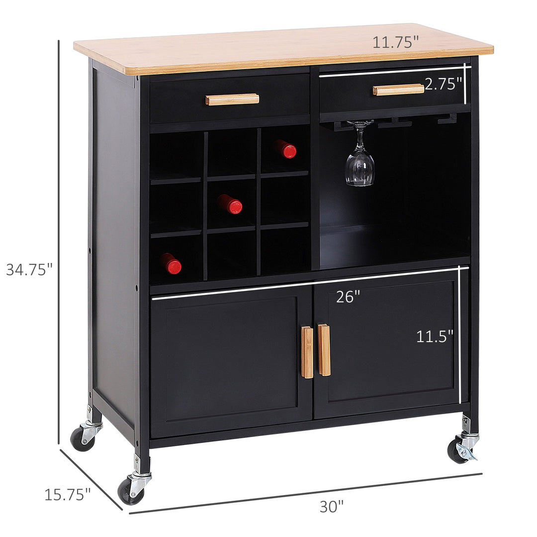 Modern Rolling Kitchen Storage Utility Cart Island w/ Bamboo Top - Black