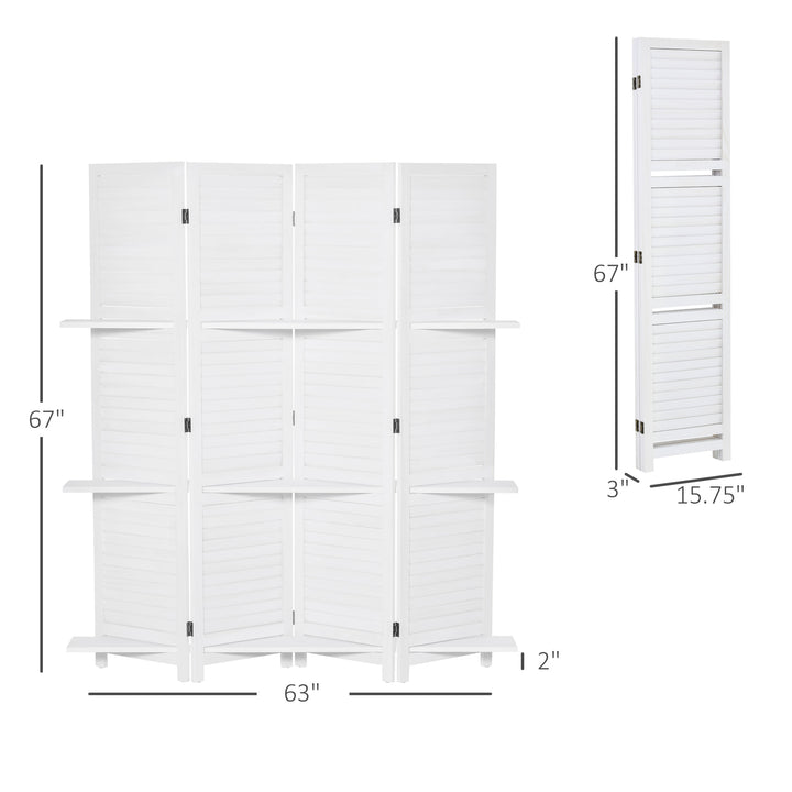 67” Foldable 4 Panel Room Divider Privacy Screen Partition w/ Shelves - White
