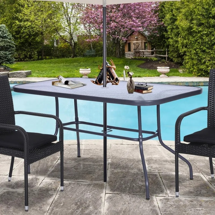 47.25" x 31.5" Rectangle Glass Top Dining Patio Table Outdoor Deck Garden w Umbrella Hole, Dk Grey