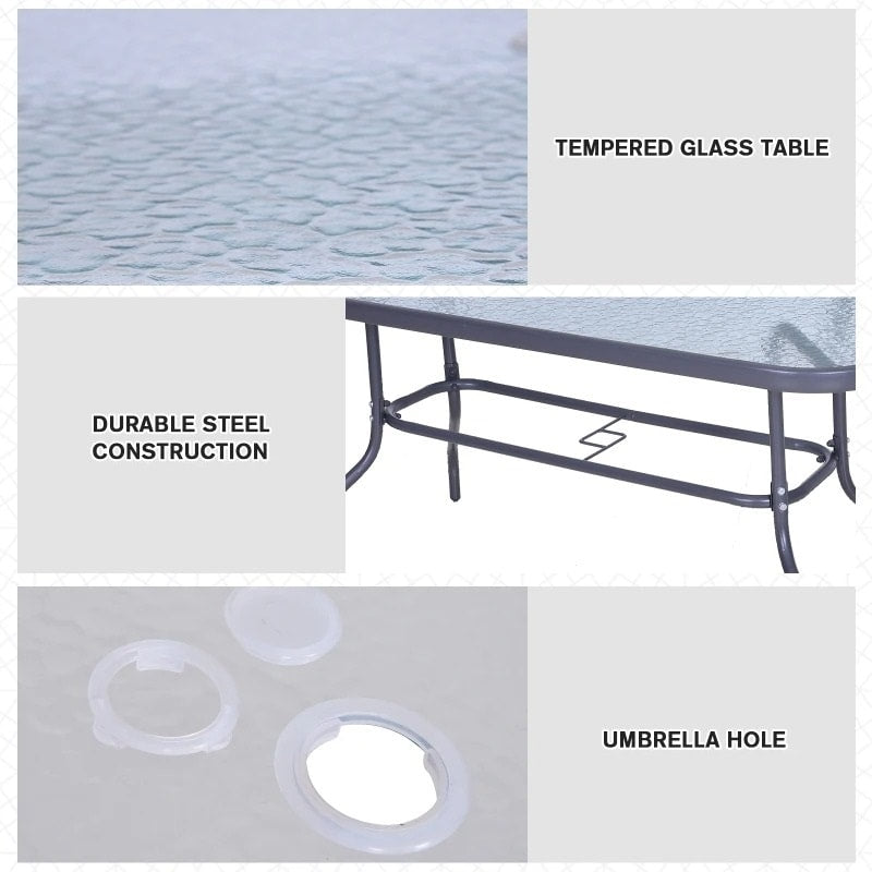 47.25" x 31.5" Rectangle Glass Top Dining Patio Table Outdoor Deck Garden w Umbrella Hole, Dk Grey