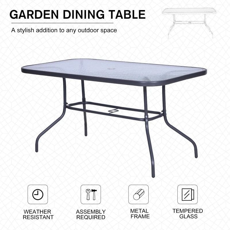 47.25" x 31.5" Rectangle Glass Top Dining Patio Table Outdoor Deck Garden w Umbrella Hole, Dk Grey