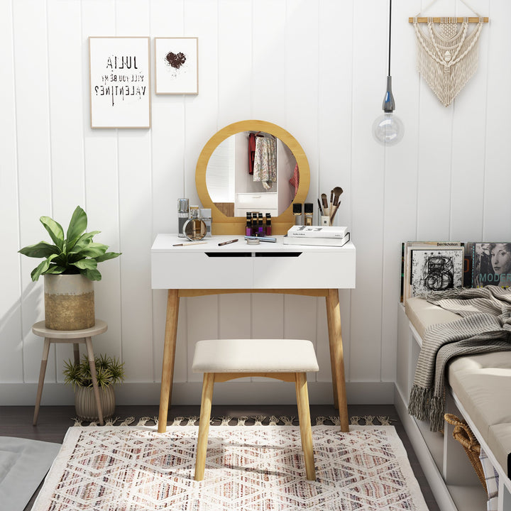 Mid-Century Modern Accent Vanity Dressing Table w/ Drawers Mirror Stool - White