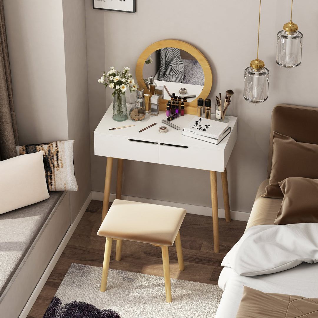 Mid-Century Modern Accent Vanity Dressing Table w/ Drawers Mirror Stool - White