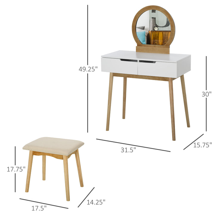 Mid-Century Modern Accent Vanity Dressing Table w/ Drawers Mirror Stool - White