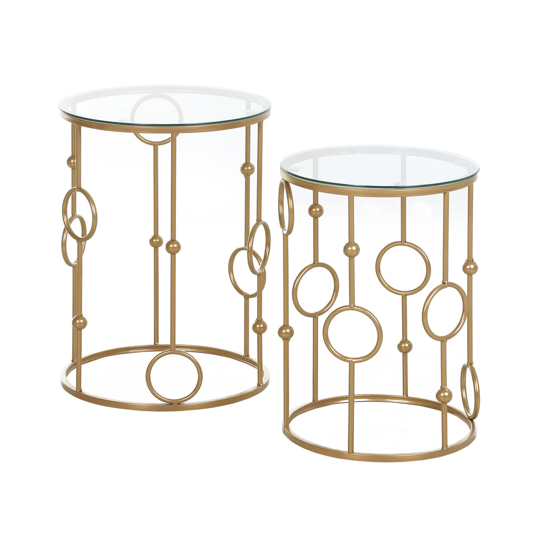 Set of 2 Accent Round Metal Nesting Coffee End Side Table w/ Glass Top - Gold