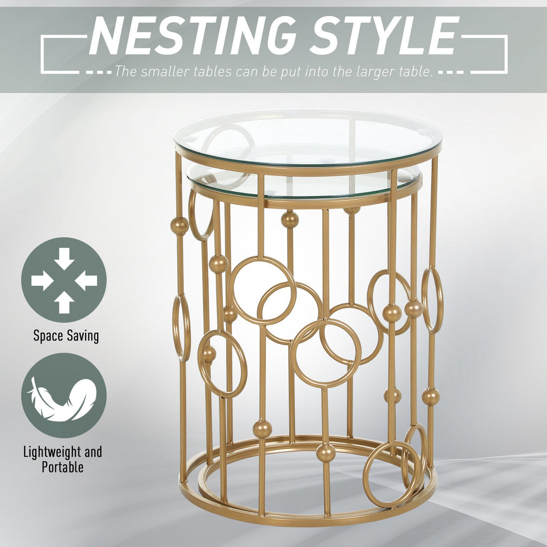 Set of 2 Accent Round Metal Nesting Coffee End Side Table w/ Glass Top - Gold