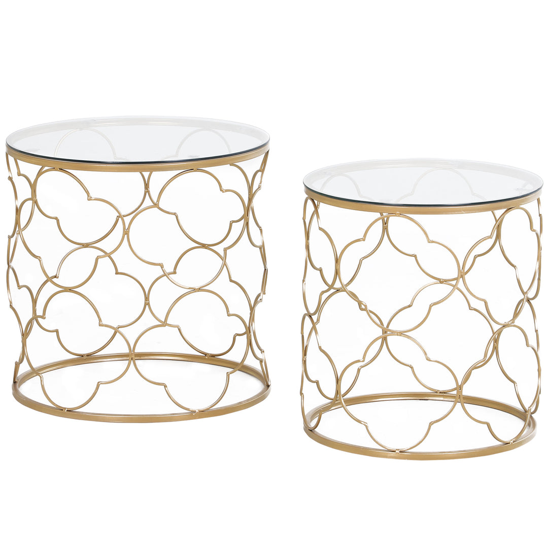 2 Dainty Accent Round Metal Nesting Coffee End Side Tables w/ Glass Top - Gold