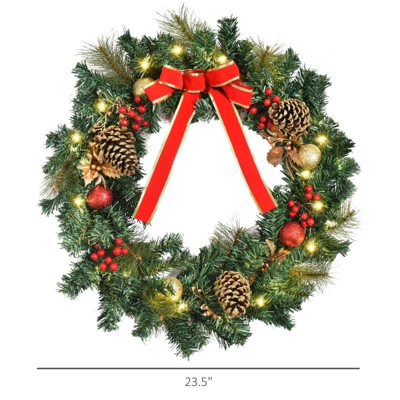 24” Pre-lit Artificial Christmas Holiday Wreath w LED Lights, Berries, Pine Cones, Xmas Green