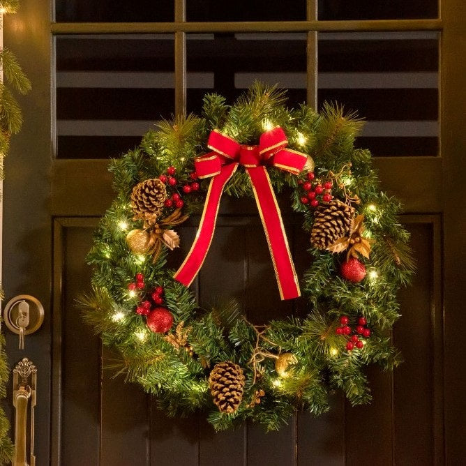 24” Pre-lit Artificial Christmas Holiday Wreath w LED Lights, Berries, Pine Cones, Xmas Green