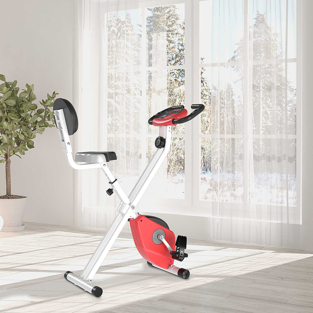 Compact Folding Adjustable Upright Stationary Exercise Bike w/ Resistance & LCD Display - Red