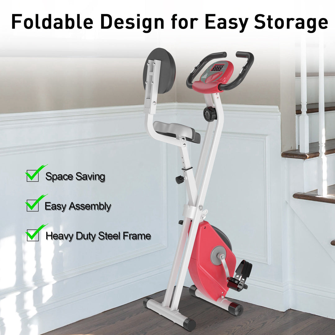 Compact Folding Adjustable Upright Stationary Exercise Bike w/ Resistance & LCD Display - Red