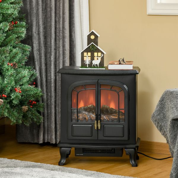 750/1500W Twin Door Electric Fireplace Stove Heater Flame Effect & Overheat Protection - Black