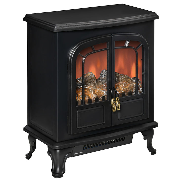 750/1500W Twin Door Electric Fireplace Stove Heater Flame Effect & Overheat Protection - Black
