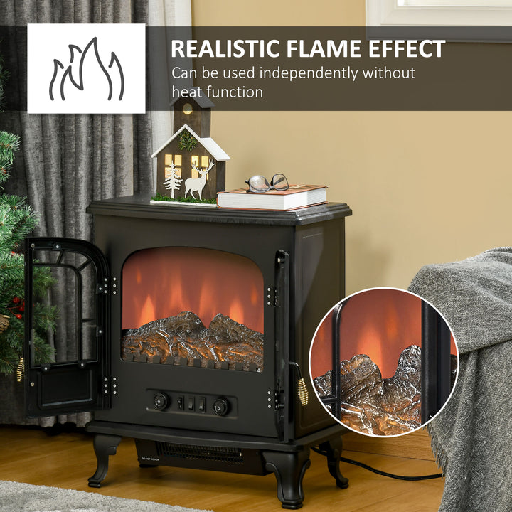 750/1500W Twin Door Electric Fireplace Stove Heater Flame Effect & Overheat Protection - Black