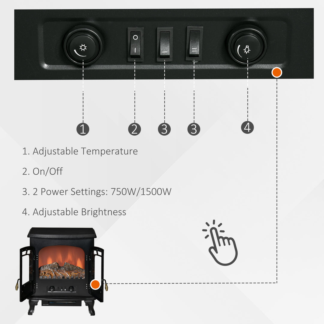 750/1500W Twin Door Electric Fireplace Stove Heater Flame Effect & Overheat Protection - Black