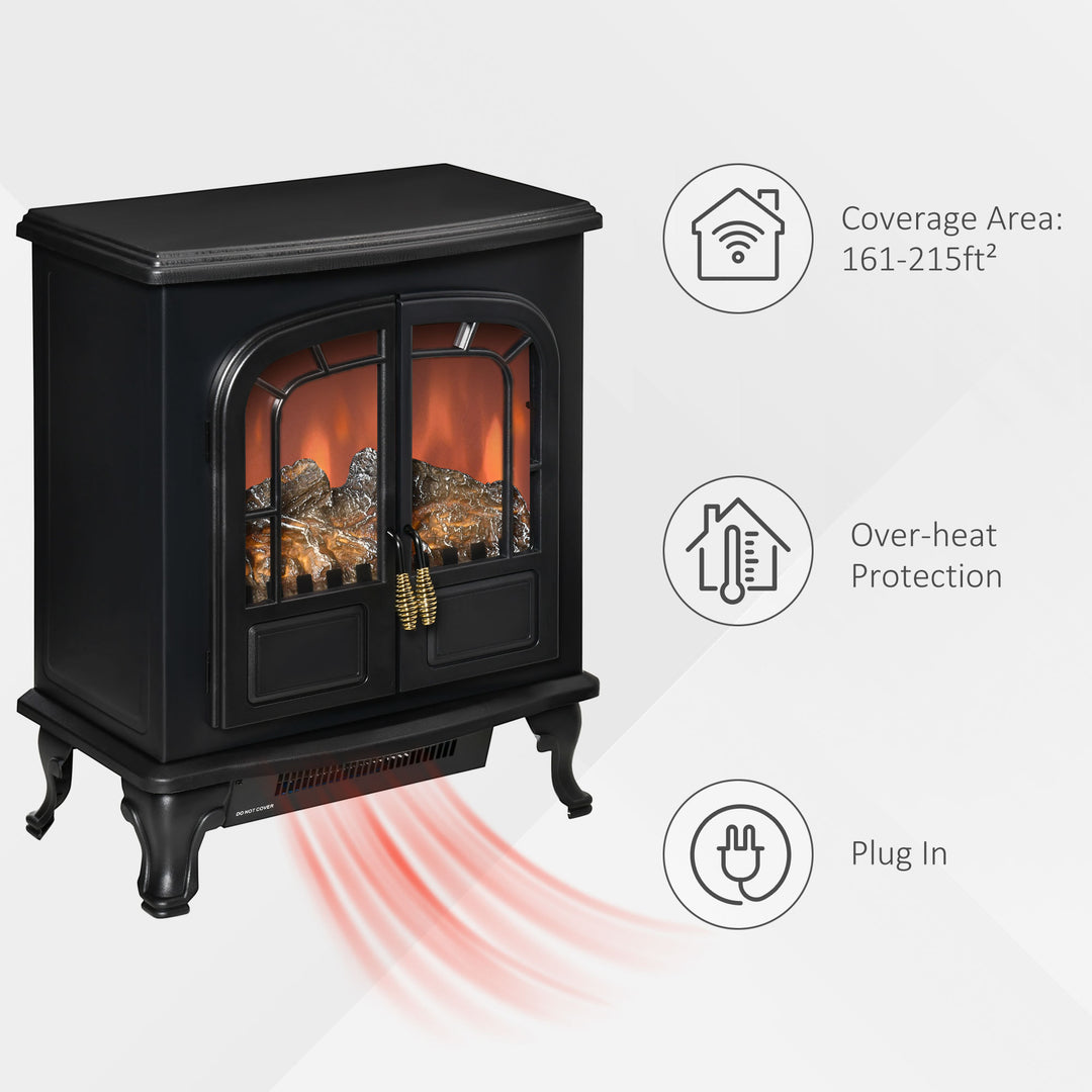 750/1500W Twin Door Electric Fireplace Stove Heater Flame Effect & Overheat Protection - Black
