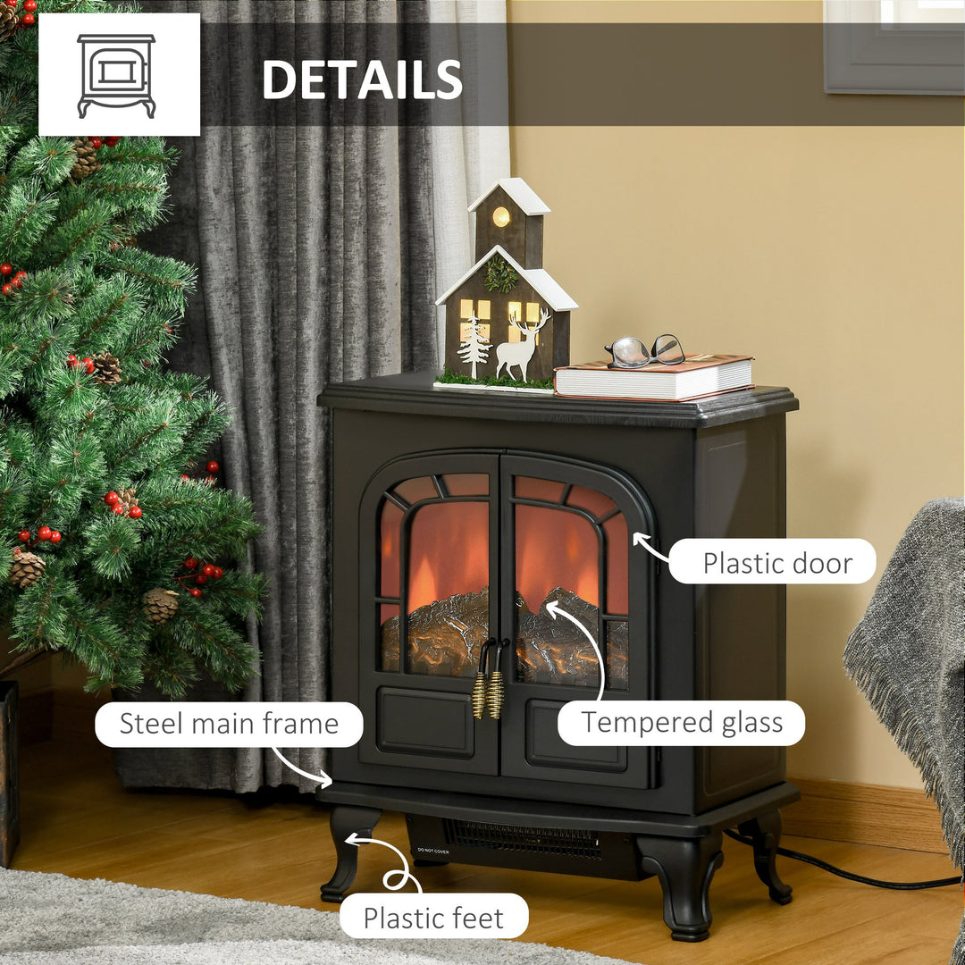 750/1500W Twin Door Electric Fireplace Stove Heater Flame Effect & Overheat Protection - Black