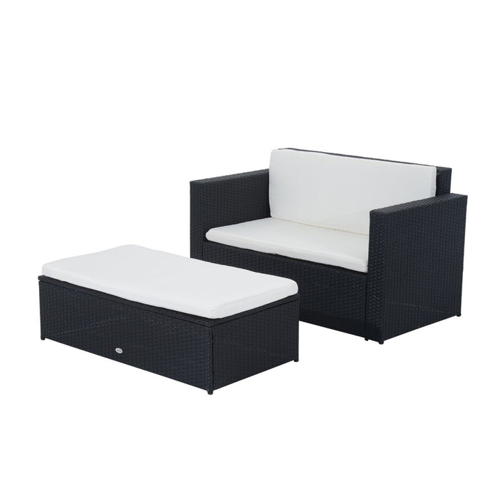 2pc PE Rattan Wicker Loveseat Sofa w Double Ottoman Bench, Cushions Patio - Black, Cream White