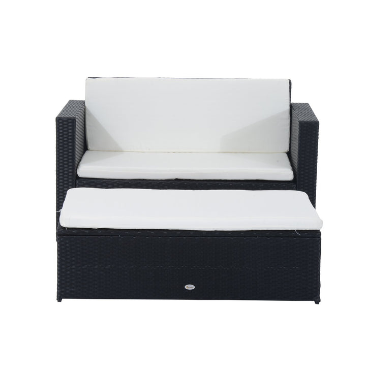 2pc PE Rattan Wicker Loveseat Sofa w Double Ottoman Bench, Cushions Patio - Black, Cream White