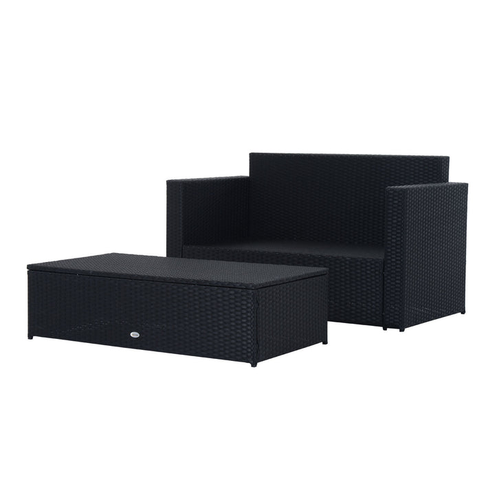 2pc PE Rattan Wicker Loveseat Sofa w Double Ottoman Bench, Cushions Patio - Black, Cream White