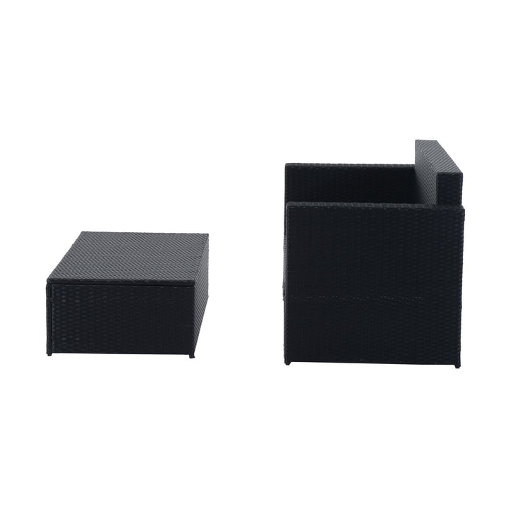 2pc PE Rattan Wicker Loveseat Sofa w Double Ottoman Bench, Cushions Patio - Black, Cream White