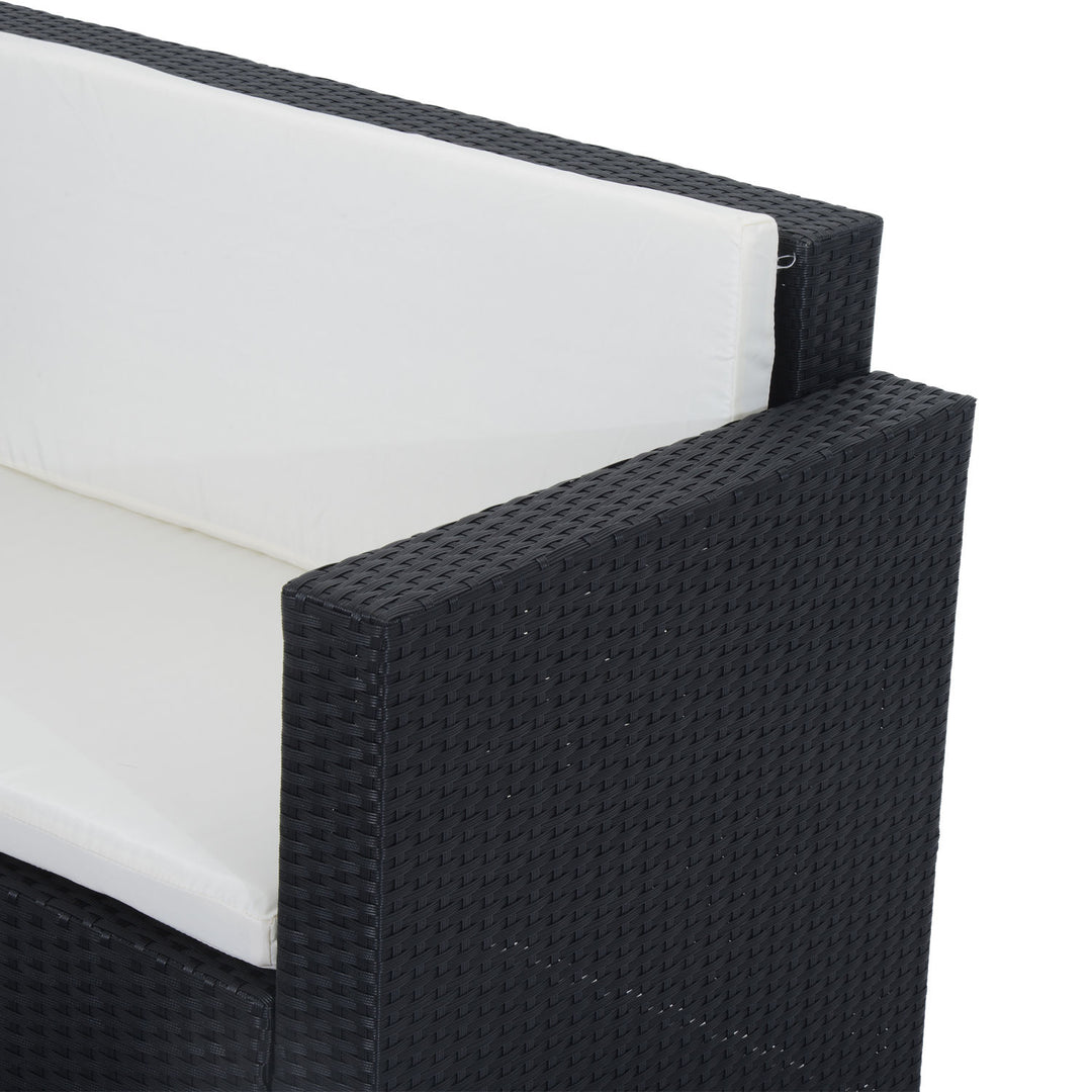 2pc PE Rattan Wicker Loveseat Sofa w Double Ottoman Bench, Cushions Patio - Black, Cream White