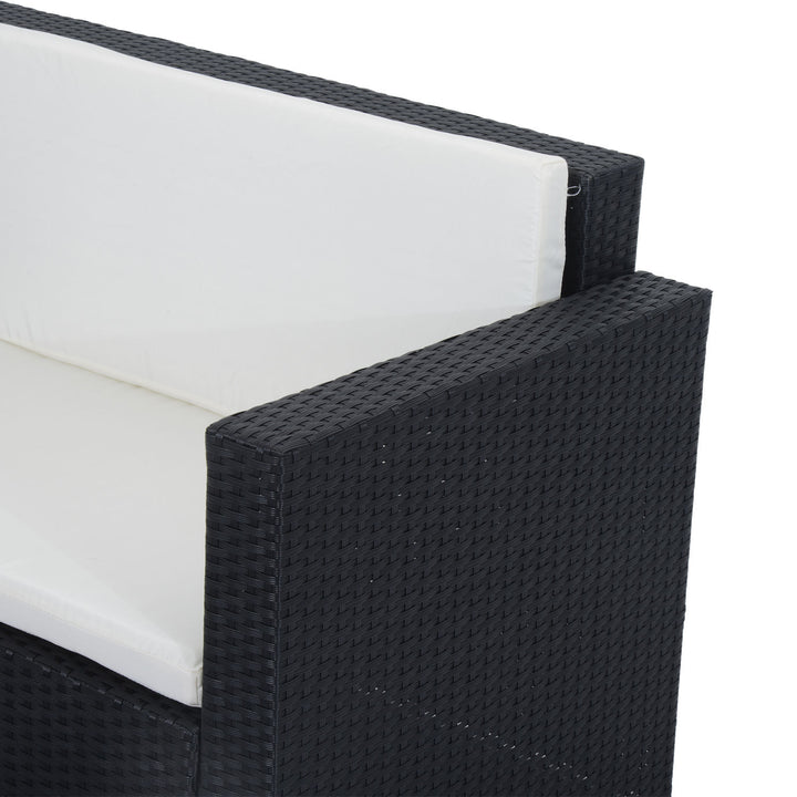 2pc PE Rattan Wicker Loveseat Sofa w Double Ottoman Bench, Cushions Patio - Black, Cream White