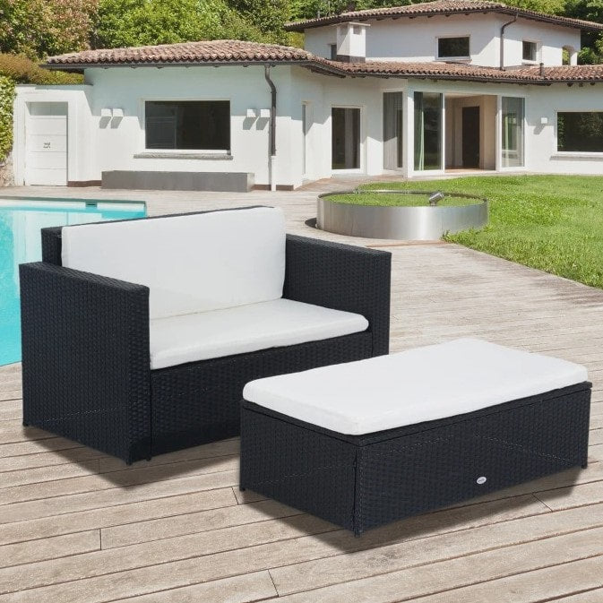 2pc PE Rattan Wicker Loveseat Sofa w Double Ottoman Bench, Cushions Patio - Black, Cream White