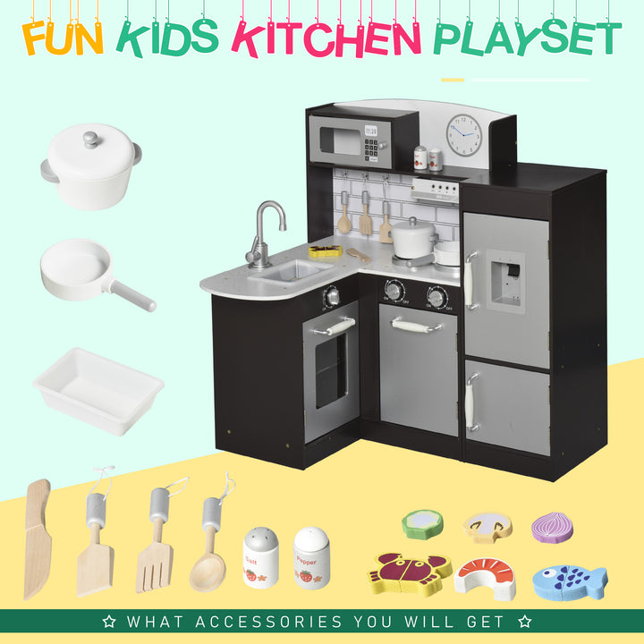 Kids Kitchen Cooking Set w/ Microwave & Fridge for Toddler Baby Children - Black White Silver