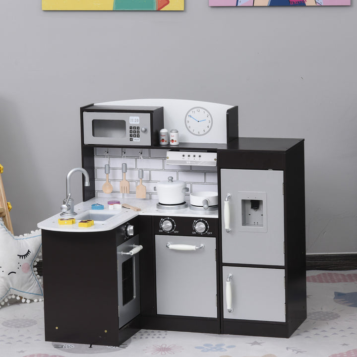 Kids Kitchen Cooking Set w/ Microwave & Fridge for Toddler Baby Children - Black White Silver