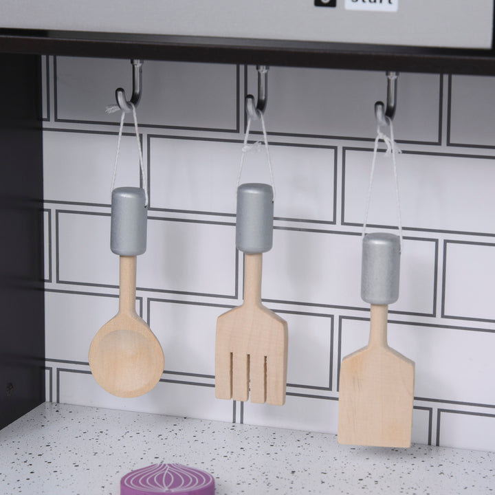 Kids Kitchen Cooking Set w/ Microwave & Fridge for Toddler Baby Children - Black White Silver