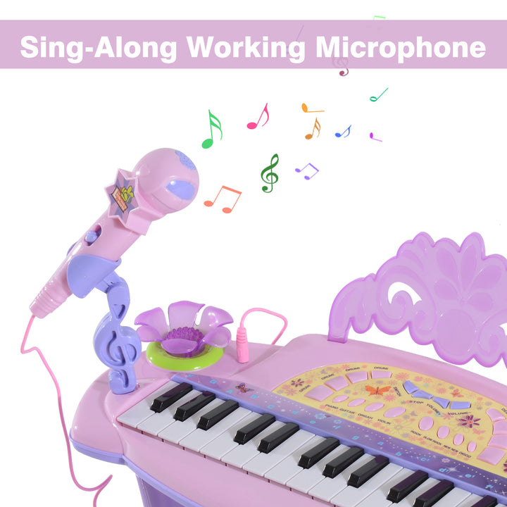 Toddler Toy Music Piano Keyboard w/ Stool, Microphone, Songs for Kids Child - Pink Purple