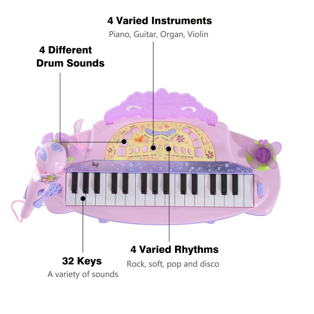 Toddler Toy Music Piano Keyboard w/ Stool, Microphone, Songs for Kids Child - Pink Purple