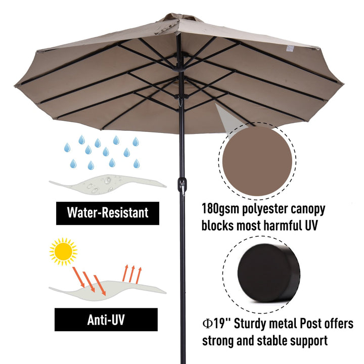 15ft Double Twin Canopy Patio Deck Umbrella Shade Shelter w UV Protection, Crank - Tan Beige