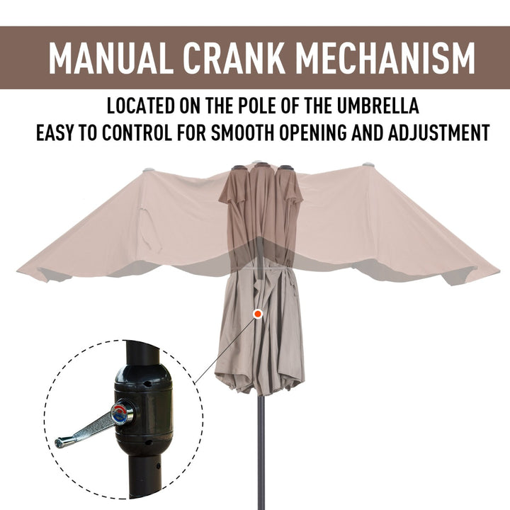 15ft Double Twin Canopy Patio Deck Umbrella Shade Shelter w UV Protection, Crank - Tan Beige