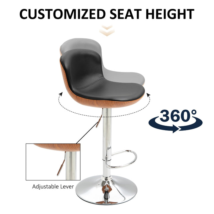 Set of 2 Modern Counter Bar Height Swivel Dining Stools w/ Footrest - Black / Wood Grain