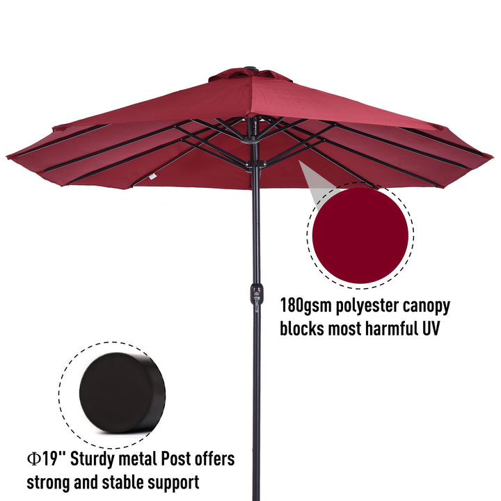 15ft Double Twin Canopy Patio Deck Umbrella Sun Shade Shelter w UV Protection, Crank - Wine Red