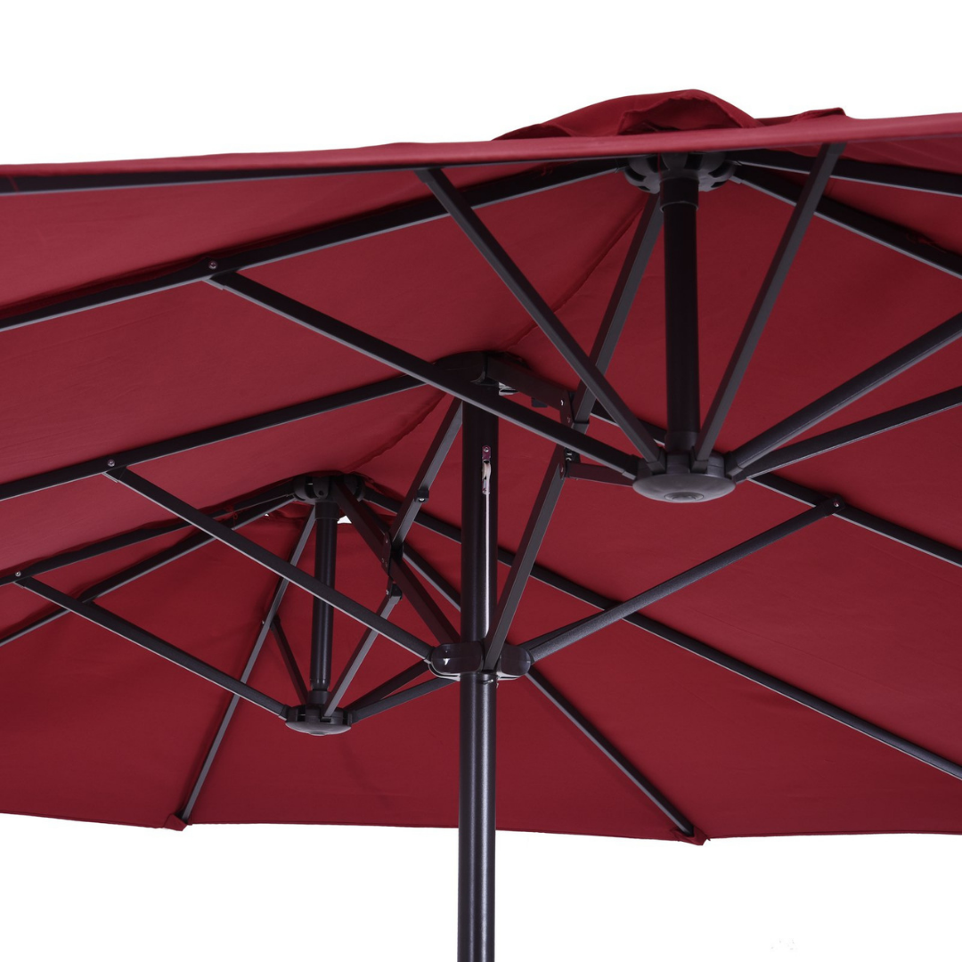 15ft Double Twin Canopy Patio Deck Umbrella Sun Shade Shelter w UV Protection, Crank - Wine Red