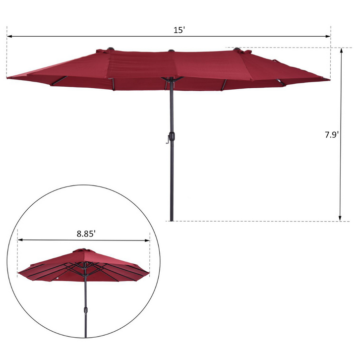 15ft Double Twin Canopy Patio Deck Umbrella Sun Shade Shelter w UV Protection, Crank - Wine Red