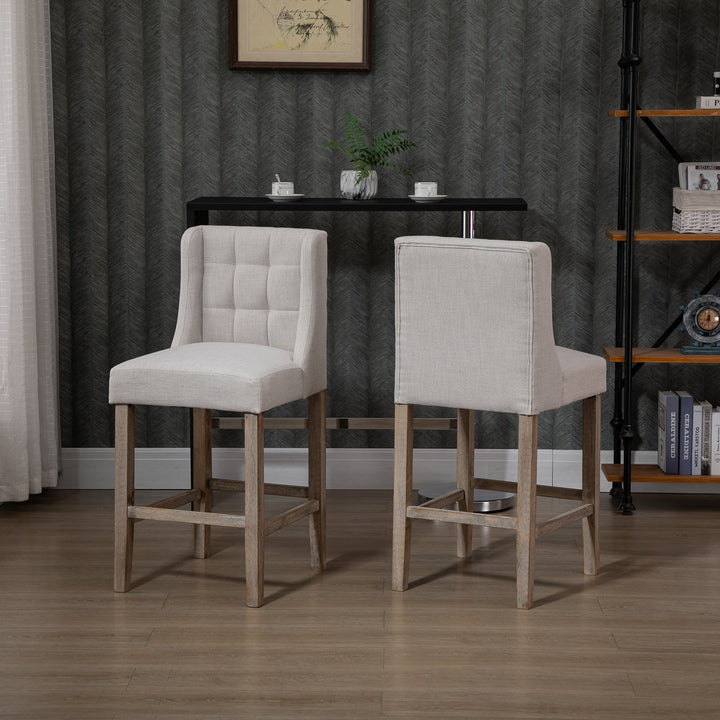 Set of 2 Modern Tufted Linen-Feel Counter Height Bar Stools Kitchen Dining Chairs – Beige