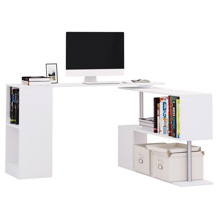 Modern Large Rotating Adjustable Corner L-Shape Computer Student Office Desk w/ Shelf - White