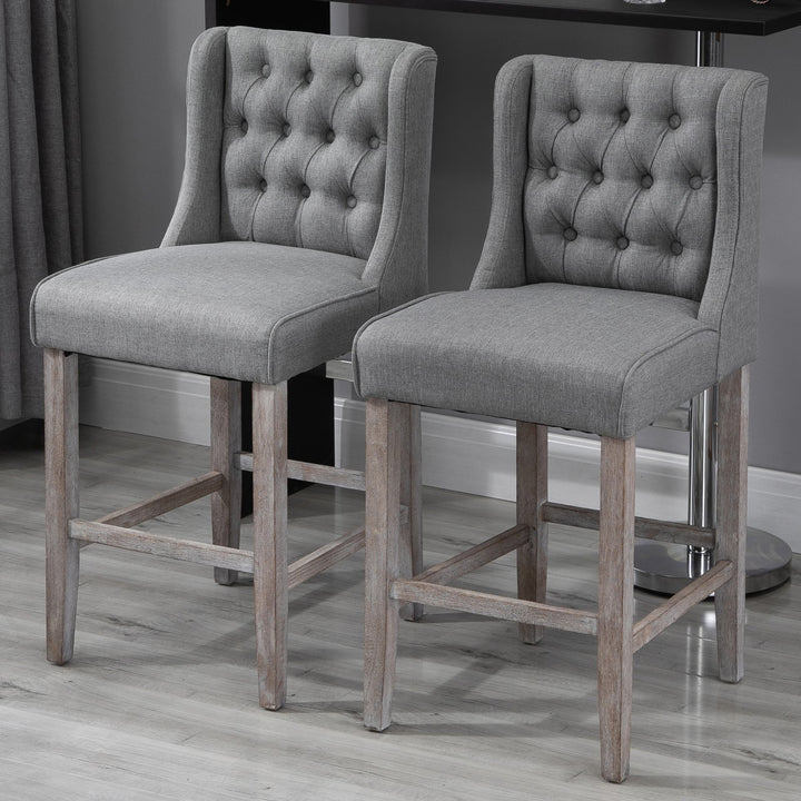 Set of 2 Vintage Farmhouse Button Tufted Bar Counter Height High Dining Chairs - Grey Linen