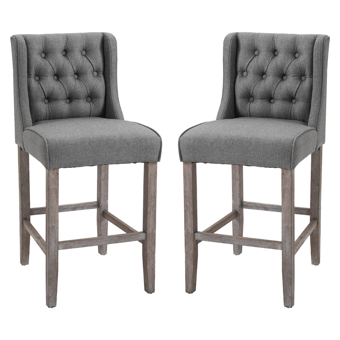 Set of 2 Vintage Farmhouse Button Tufted Bar Counter Height High Dining Chairs - Grey Linen